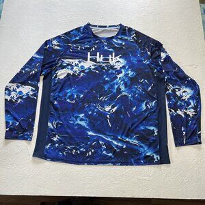 Huk Shirt Mens 2XL Blue Performance Fishing Long Sleeve Camo Graphic Logo